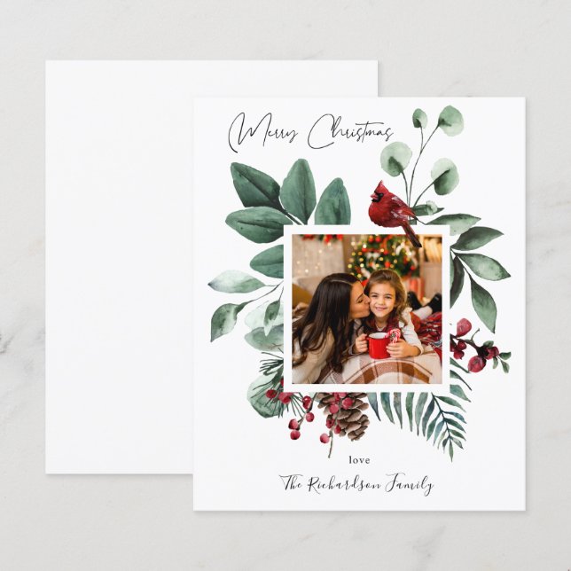 Papier Budget Cardinal Bird & Pine Joyeux Noël Photo (Devant / Derrière)