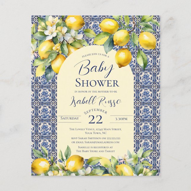 Papier Budget Carrelage bleu italien Aquarelle citron béb (Devant)