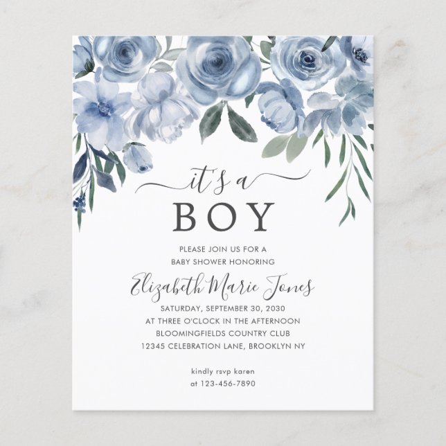 Papier Budget C'est un garçon Dusty Blue Floral Baby show (Devant)