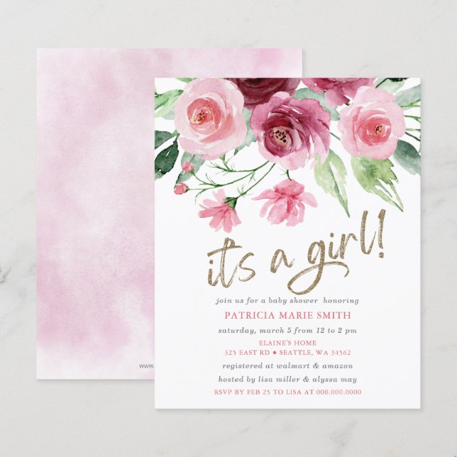 Papier Budget C'est une fille Rose Bourgogne Floral Baby  (Devant / Derrière)