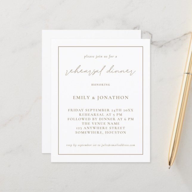 Papier Budget Champagne or Répétition Dîner Invitation (Devant/Arrière en situation)