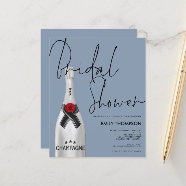 Papier Budget Champagne Script Dusty Fête des mariées ble (Devant/Arrière en situation)