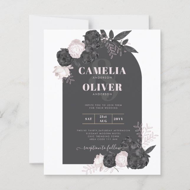 Papier BUDGET Charcoal Gris rose Roses Mariage INVITE (Devant)