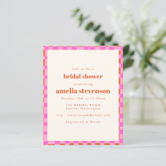 Papier Budget Checker Pink Orange Bridal Shower Invite (Debout devant)