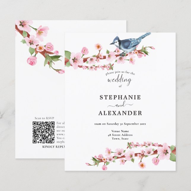 Papier Budget Cherry Blossom Blue Bird QR Wedding Invitat (Devant / Derrière)