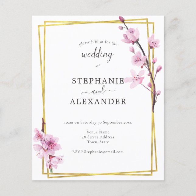 Papier Budget Cherry Blossom & Gold Frame Wedding Invitat (Devant)