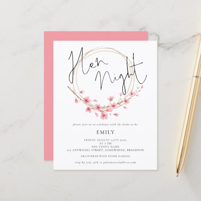Papier Budget Cherry Blossom Hen Night Invitation (Devant/Arrière en situation)