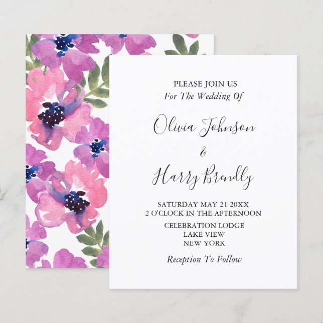 Papier Budget Chic Aquarelle Faire-part de mariage Floral (Devant / Derrière)