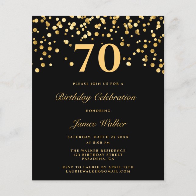 Papier Budget Chic Black & Gold 70e fête d'anniversaire (Devant)