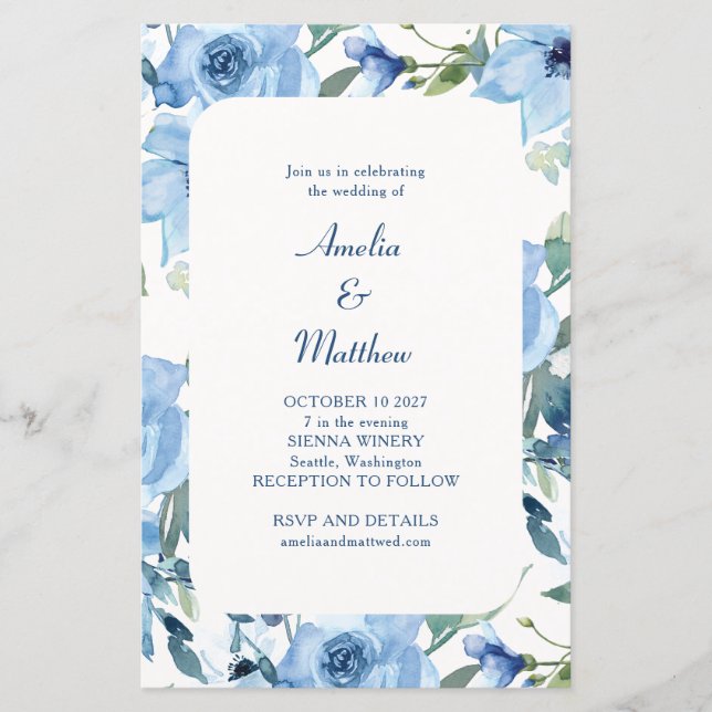 Papier Budget Chic Blue Aquarelle Floral Wedding Invitati (Devant)