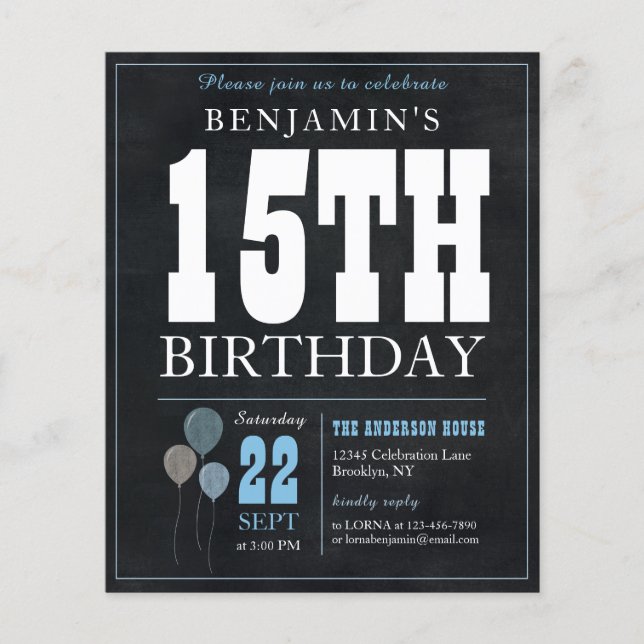 Papier Budget Chic Chalkboard Blue Balloon 15e anniversai (Devant)