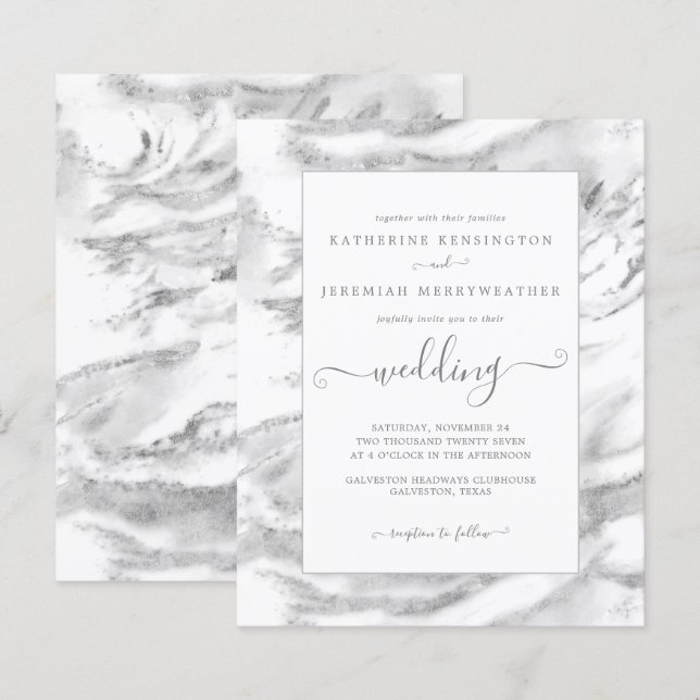 Papier Budget Chic Faire-part de mariage en marbre argent (Devant / Derrière)