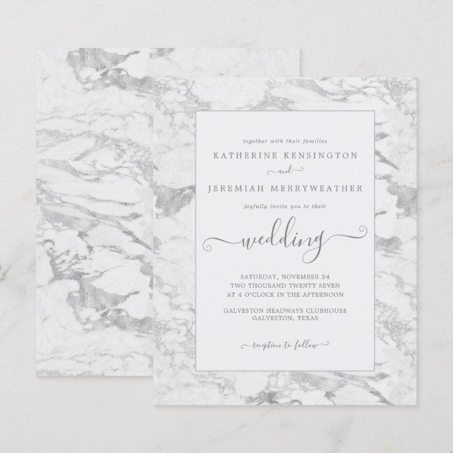 Papier Budget Chic Faire-part de mariage en marbre argent (Devant / Derrière)