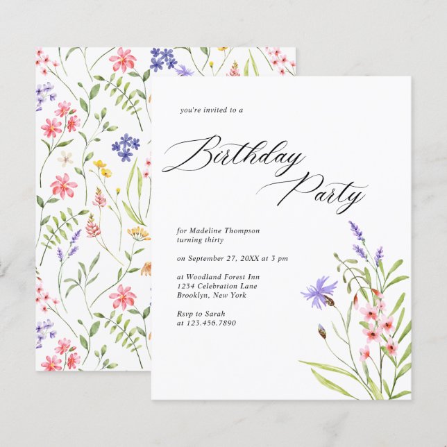 Papier BUDGET Chic Fleur sauvage Aquarelle Adulte Anniver (Devant / Derrière)