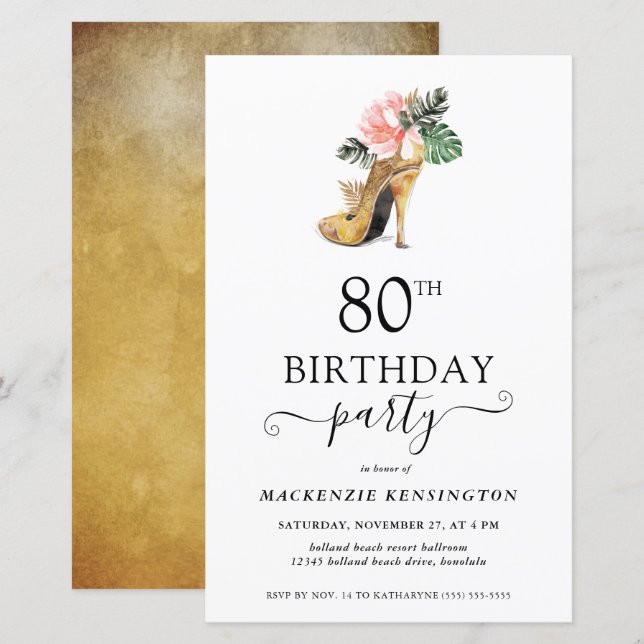 Papier Budget Chic Floral Gold High Heels 80e anniversair (Devant / Derrière)
