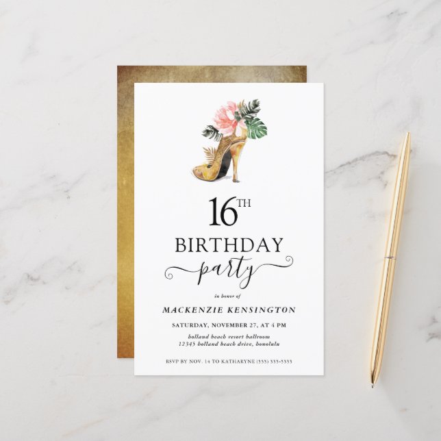 Papier Budget Chic Floral Or talons hauts 16e anniversair (Devant/Arrière en situation)