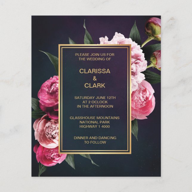 Papier BUDGET Chic Peony rose & Faire-part de mariage or (Devant)