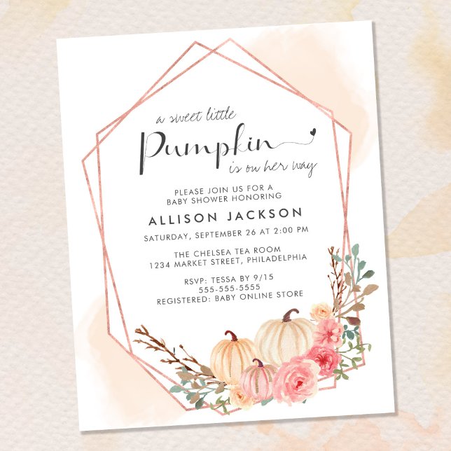 Papier Budget Citrouille Floral Baby Girl Douche Invitati (Celebrate the upcoming arrival of your sweet little autumn baby with a pumpkin-themed baby shower)