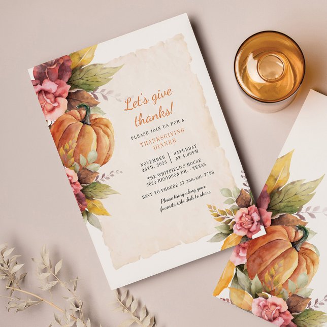 Papier Budget Citrouille Floral Thanksgiving Dîner (Fall Floral Pumpkin Thanksgiving Dinner Invitation)