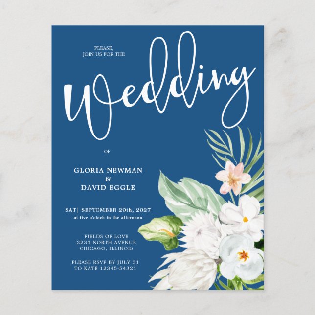 Papier Budget Classic Blue Floral Faire-part de mariage (Devant)