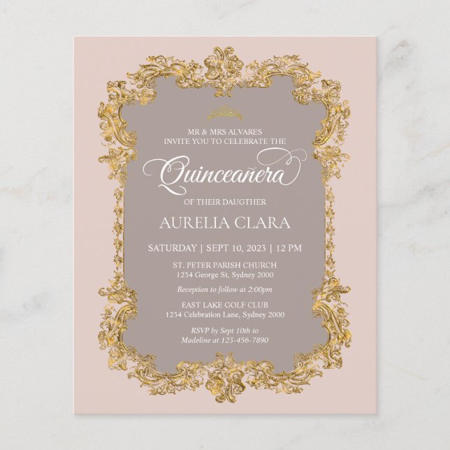 Papier Budget Classic Élégant Blush Rose Or Quinceanera (Devant)