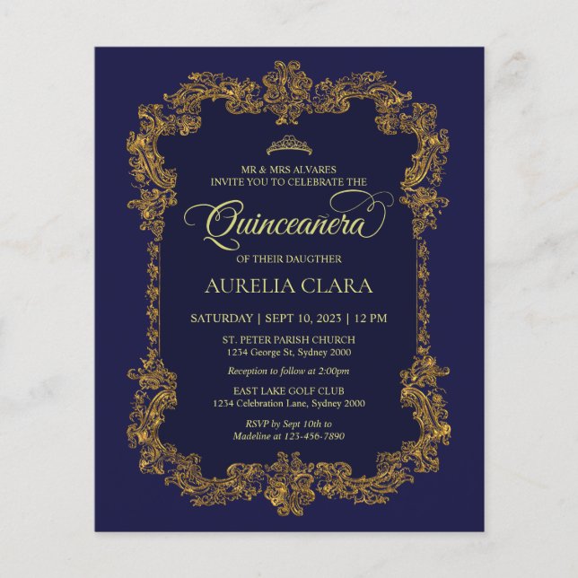Papier Budget Classic Elegant Marine Bleu Or Quinceanera (Devant)