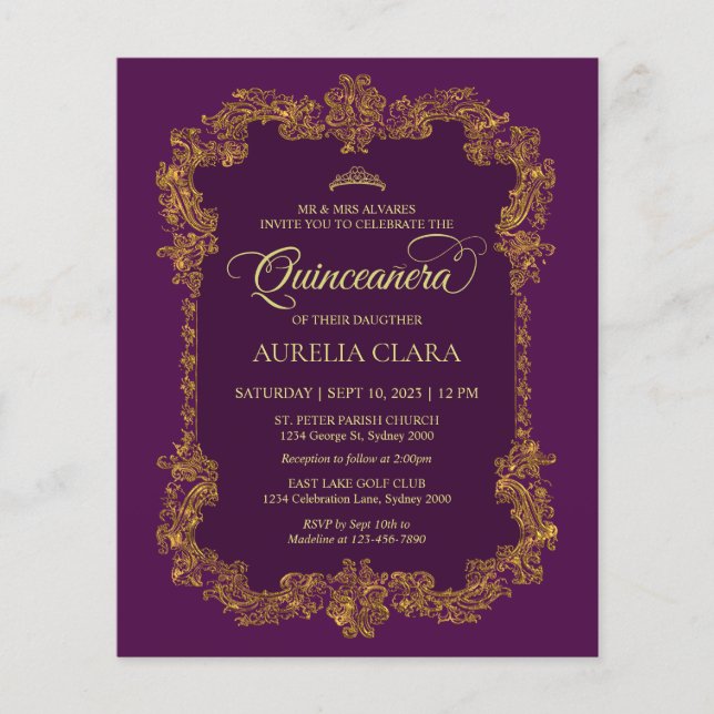 Papier Budget Classique Élégant Violet Or Quinceanera (Devant)