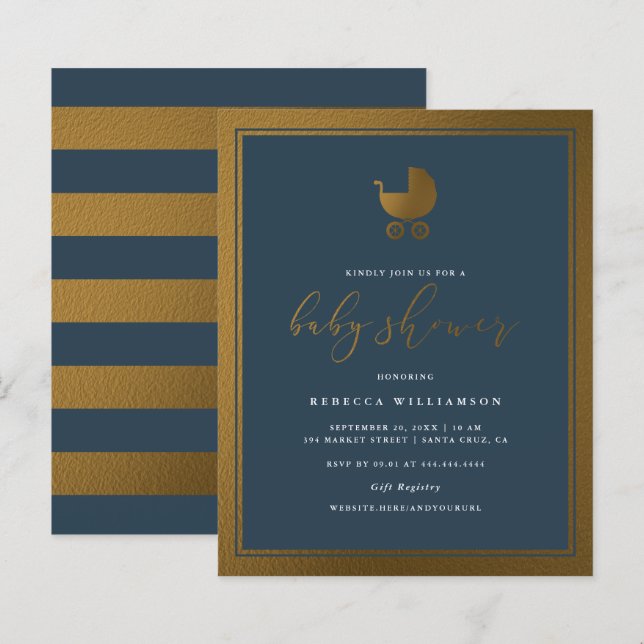 Papier Budget Classy Marine Blue Gold Pram Boy Baby showe (Devant / Derrière)