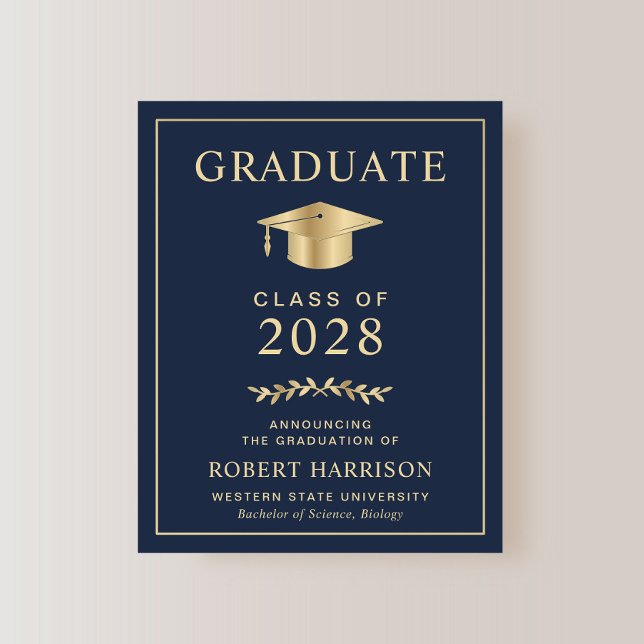 Papier Budget College Blue Gold Faire-part de diplôme (An elegant college graduation announcement to celebrate the graduate's achievements)