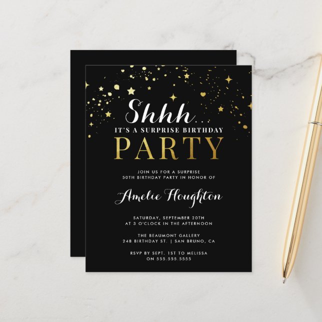 Papier Budget Confetti Black & Gold Shhh Surprise Party (Devant/Arrière en situation)