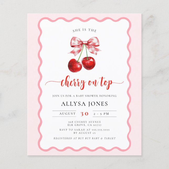 Papier Budget Coquette Cherry sur le Baby shower Invitati (Devant)