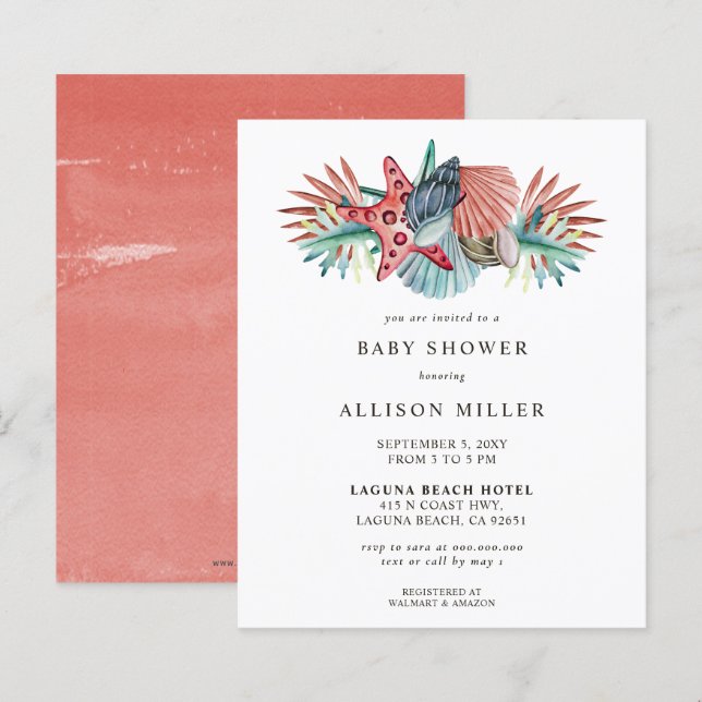 Papier Budget Coral Beach Baby shower Invitation (Devant / Derrière)