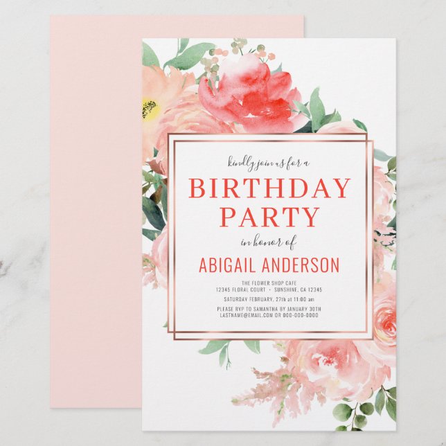 Papier Budget Coral Floral Anniversaire Fête Invitation (Devant / Derrière)