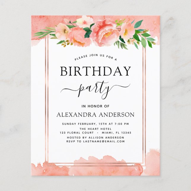 Papier Budget Coral Peach Floral Anniversaire Invitation (Devant)