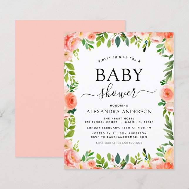 Papier Budget Coral Pêche Baby shower Floral Invitation (Devant / Derrière)