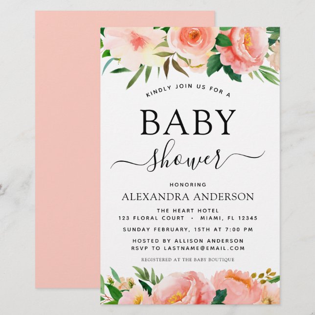 Papier Budget Coral Pêche Baby shower Floral Invitation (Devant / Derrière)
