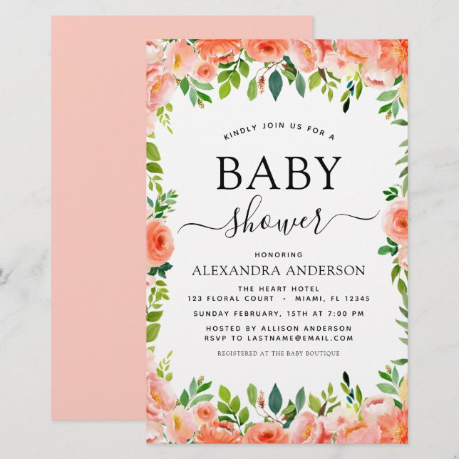 Papier Budget Coral Pêche Baby shower Floral Invitation (Devant / Derrière)