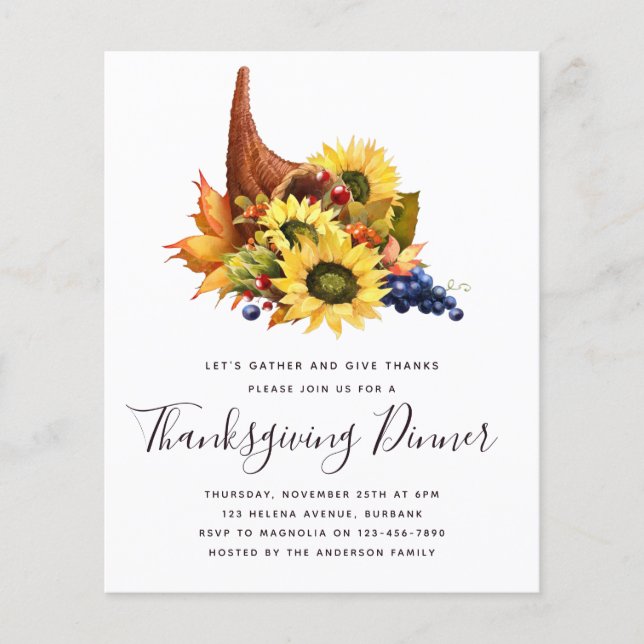 Papier Budget Cornucopia Thanksgiving Dîner Invitation (Devant)