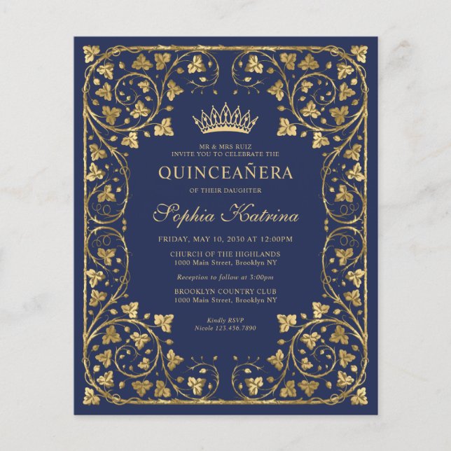Papier Budget Couronne de Fleurs Bleue Marine Or Quincean (Devant)