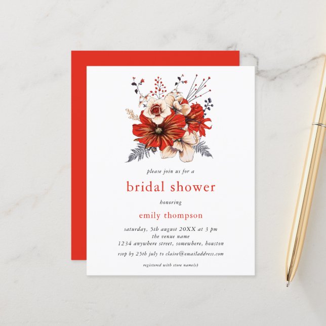 Papier Budget Crème rouge Florales Bridal Shower Invitati (Devant/Arrière en situation)