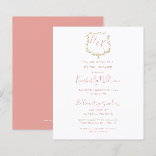 Papier Budget Crest Gold Blush Invitation à la douche nup (Devant / Derrière)