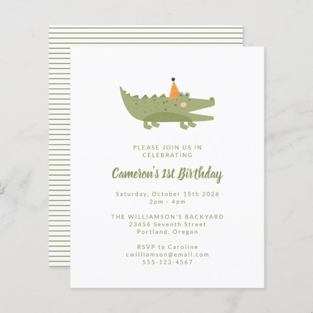 Papier Budget Crocodile vert 1er Invitation anniversaire (Devant / Derrière)
