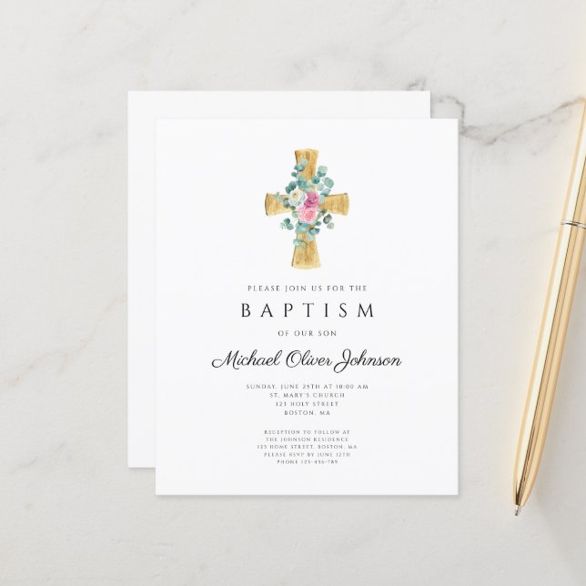 Papier Budget croix rose florale pivots Invitation de bap (Devant/Arrière en situation)