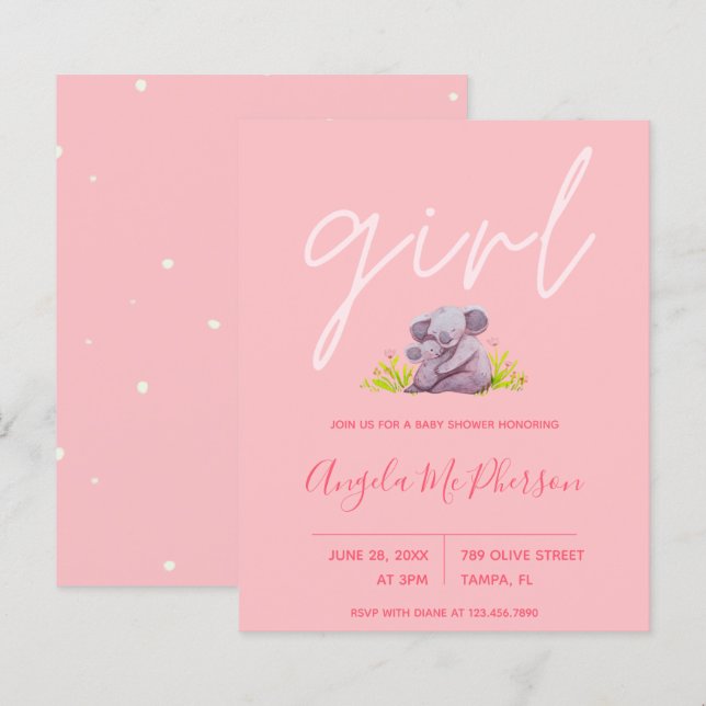 Papier Budget | Cute aquarelle Koala Baby shower Invitati (Devant / Derrière)