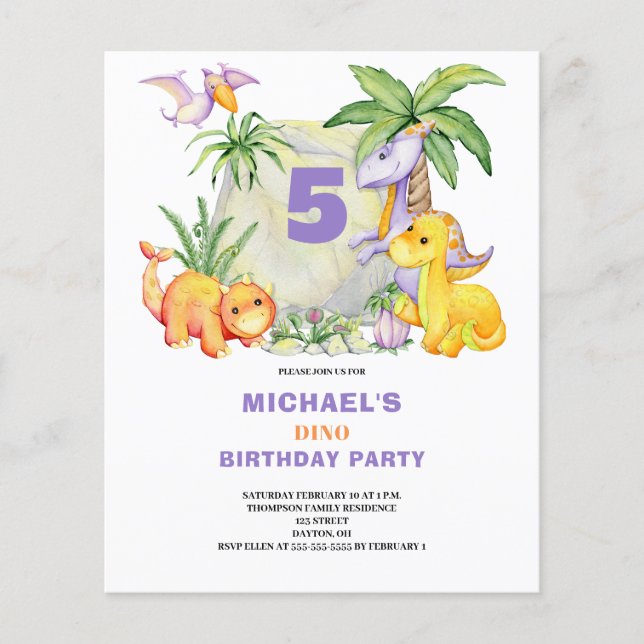 Papier Budget Cute Dinosaur 5e anniversaire Invitation (Devant)