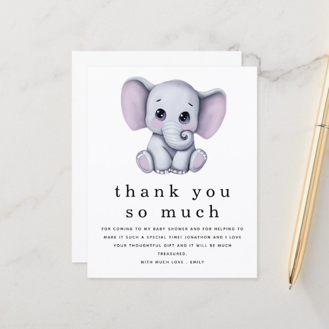 Papier BUDGET Cute Elephant Baby shower Merci (Devant/Arrière en situation)