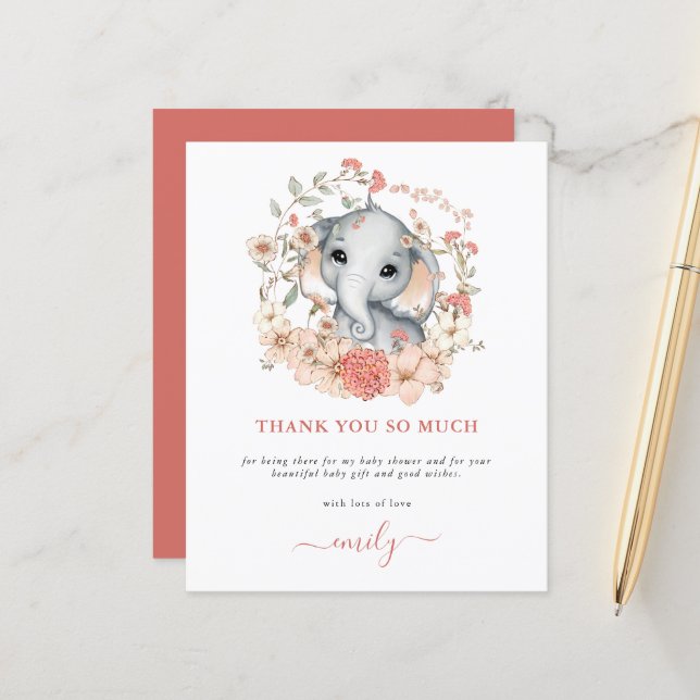 Papier Budget Cute Elephant Coral Baby shower Merci (Devant/Arrière en situation)