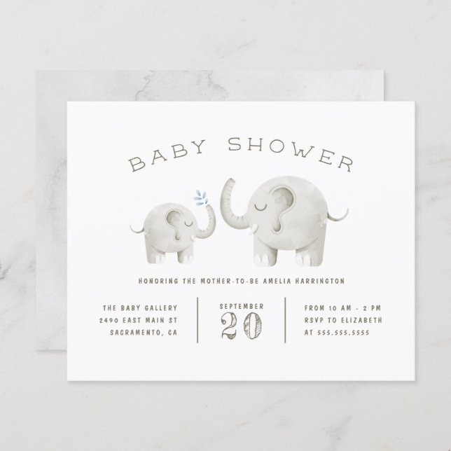 Papier Budget Cute Grey Aquarelle Elephant Baby shower (Devant / Derrière)