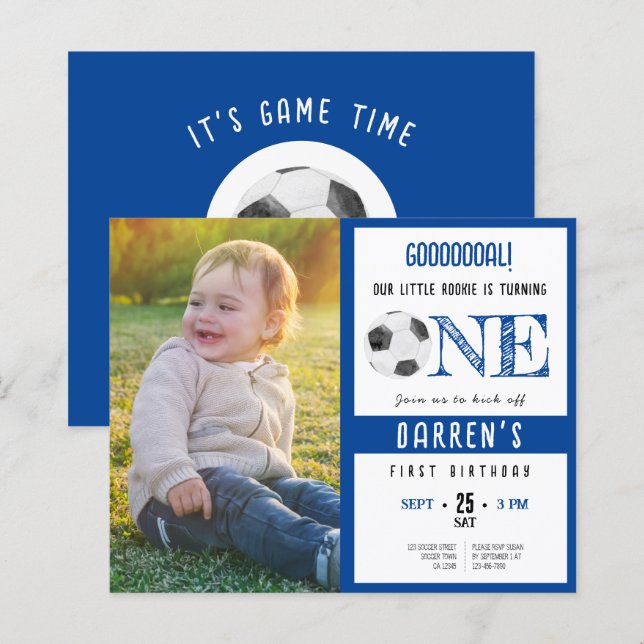 Papier Budget Cute Soccer Photo 1er Anniversaire Invitati (Devant / Derrière)
