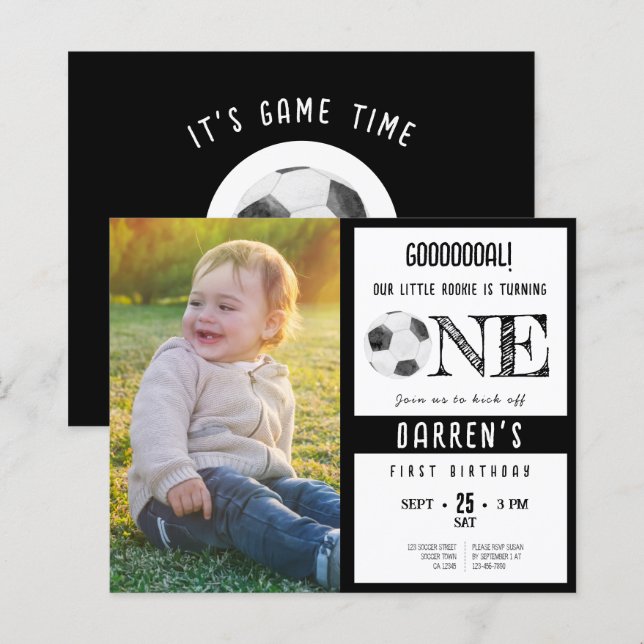 Papier Budget Cute Soccer Photo Noir 1er anniversaire Inv (Devant / Derrière)